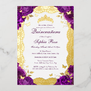 Invitation En Aluminium Rose dentelle papillon pourpre Quinceanera Anniver