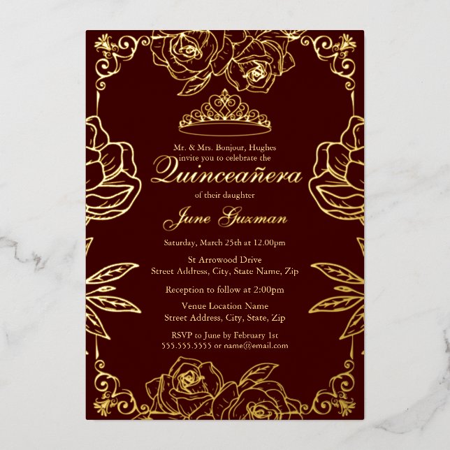Invitation En Aluminium Rose d'or de Bourgogne Jardin Quinceanera (Recto)