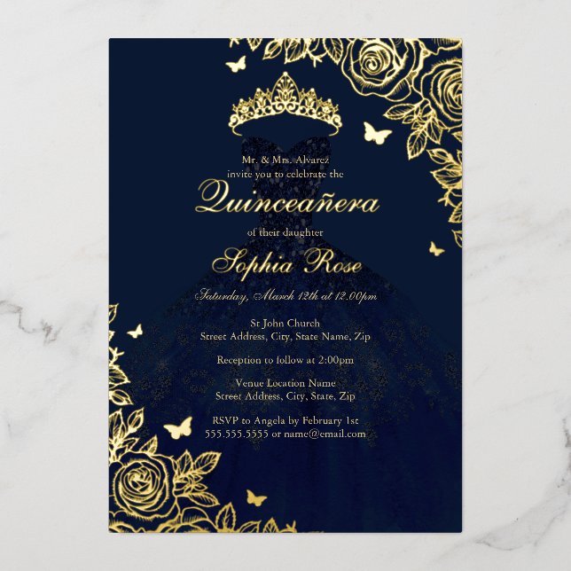 Invitation En Aluminium Rose d'or de la Marine Quinceanera (Recto)