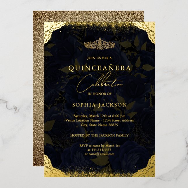 Invitation En Aluminium Rose d'or de la Marine Tiara Quinceanera Invitatio (Recto/Verso)