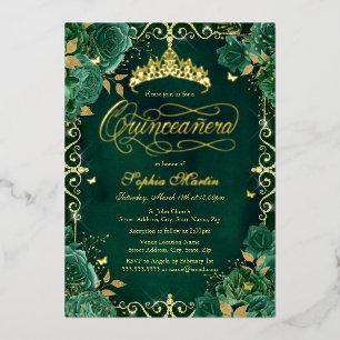 Invitation En Aluminium Rose d'or Papillon Émeraude Royale pour Quinceaner