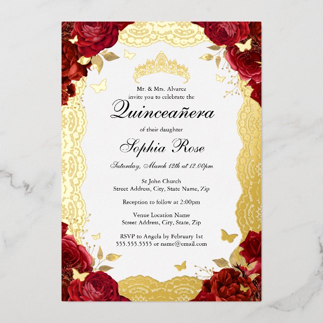 Invitation En Aluminium Rose d'or rouge dentelle papillon Quinceanera Anni (Recto)