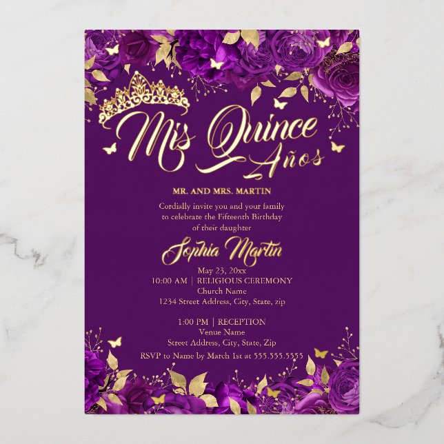 Invitation En Aluminium Rose d'or violet Mis Quince Quinceanera (Recto)