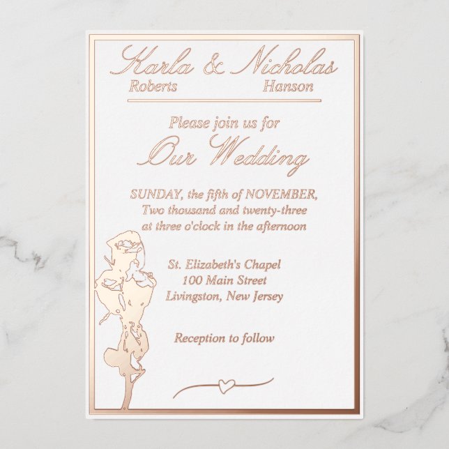 Invitation En Aluminium Rose, Elégant Mariage blanc, Rose Gold Full (Recto)