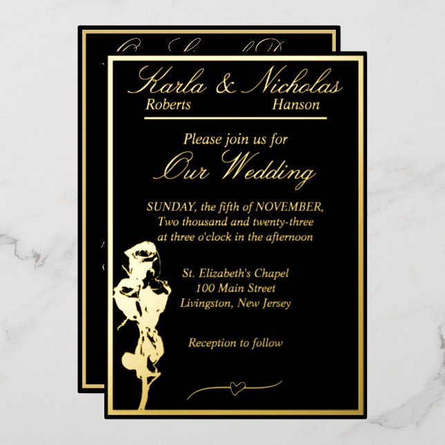 Invitation En Aluminium Rose, Elégant Mariage noir, Gold Full (Recto/Verso)