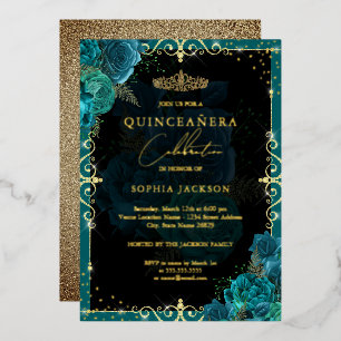Invitation En Aluminium Rose élégante sarcelle or Quinceanera