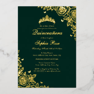 Invitation En Aluminium Rose en feuille d'or Émeraude Quinceanera Annivers