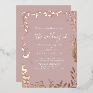 Invitation En Aluminium Rose et or rose poussiéreux à feuille minimale