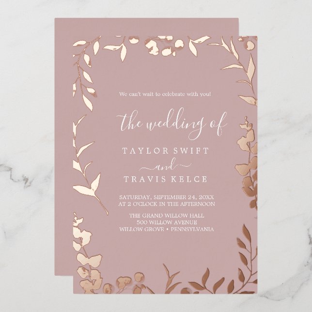 Invitation En Aluminium Rose et Rose à feuilles minimes et or  (Recto/Verso)