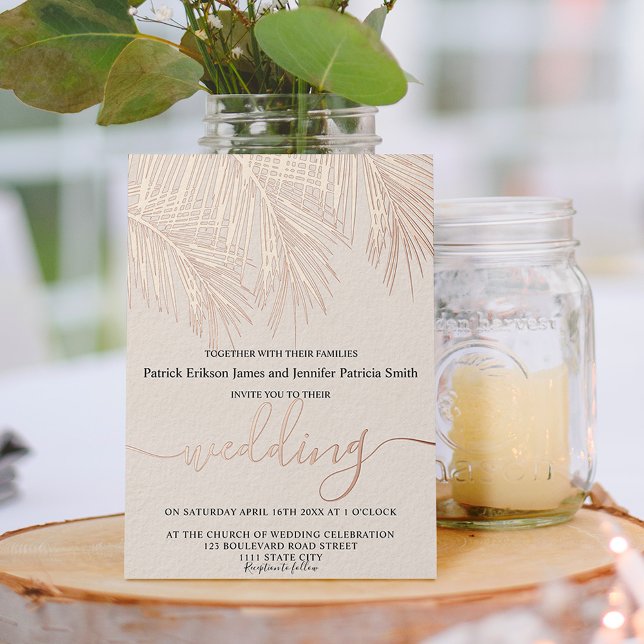 Invitation En Aluminium Rose feuille d'or palmier élégant script mariage (Créateur téléchargé)