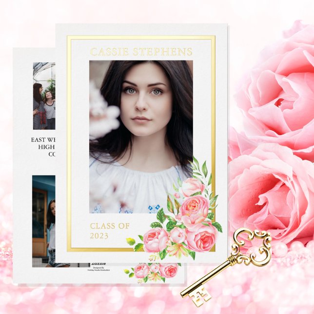 Invitation En Aluminium Rose Floral 4 Photo Collage Gold Frame Graduation (Créateur téléchargé)