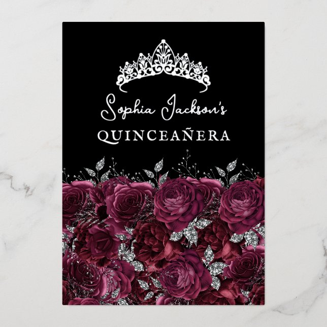 Invitation En Aluminium Rose floral argenté de Bourgogne Quinceanera (Recto)