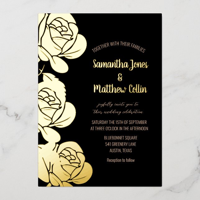 Invitation En Aluminium Rose Floral Boho Black Gold Mariage (Recto)