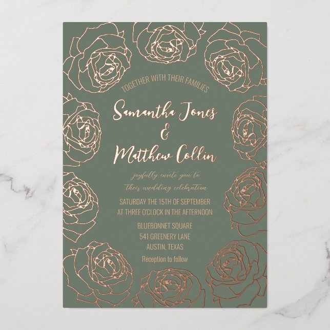 Invitation En Aluminium Rose Floral Boho Sage Green Gold Foil Mariage (Recto)