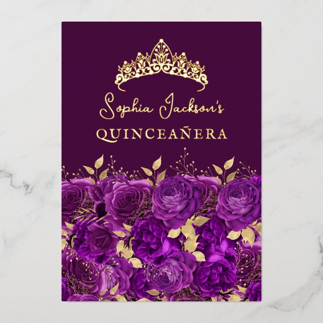 Invitation En Aluminium Rose Floral d'or violet Quinceanera (Recto)