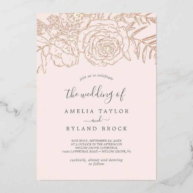Invitation En Aluminium Rose Floral Doré Blush Le Mariage De (Recto)