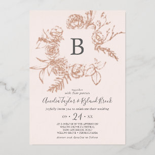 Invitation En Aluminium Rose floral doré or huile rose Mariage Monogramme