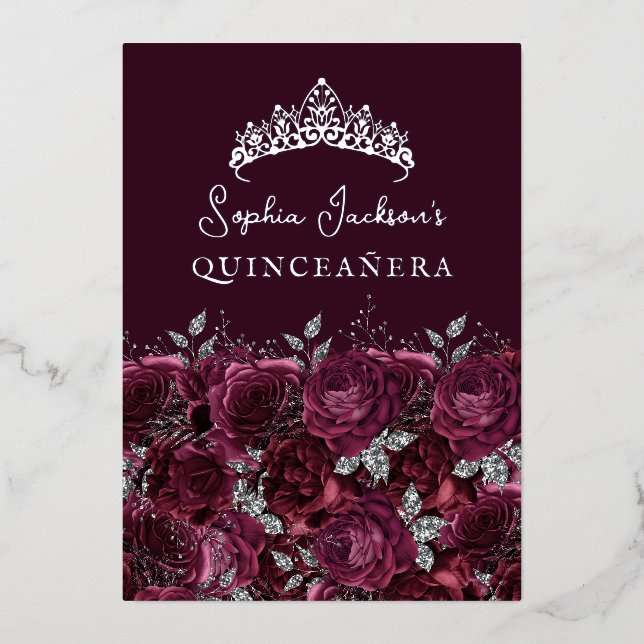 Invitation En Aluminium Rose floral en Bourgogne argenté Quinceanera (Recto)