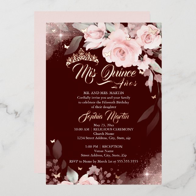 Invitation En Aluminium Rose Floral rose de Bourgogne Mis Quince Quinceane (Recto/Verso)