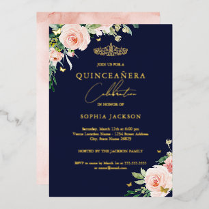 Invitation En Aluminium Rose Floral Teint Rose Navy Quinceanera Anniversai
