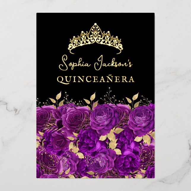 Invitation En Aluminium Rose Floral violet or Quinceanera (Recto)