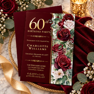 Invitation En Aluminium Rose florale de vin bordeaux élégante pour 60e ann