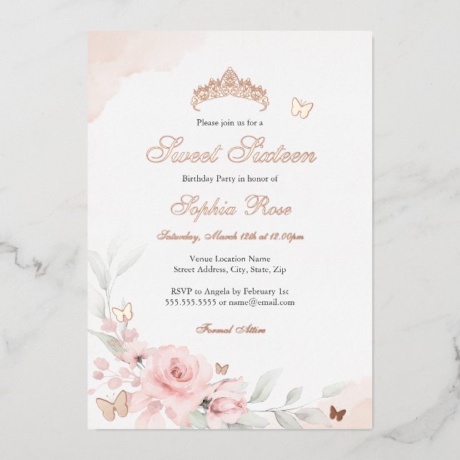 Invitation En Aluminium Rose Florale Papillon Sweet Seize Ans  (Recto)