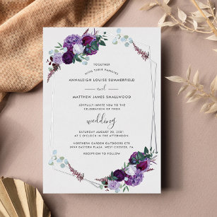 Invitation En Aluminium Rose géométrique violet Floral Mariage or argent