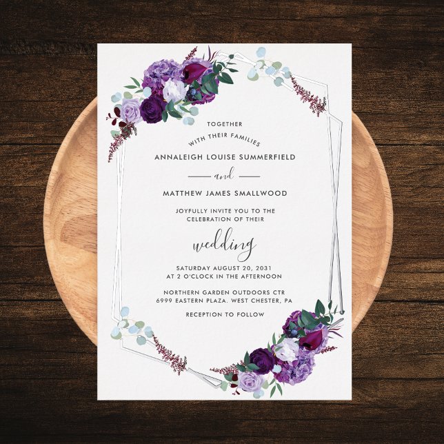 Invitation En Aluminium Rose géométrique violet Floral Mariage or argent (Purple Floral Silver Foil Geometric Script Wedding Invitation)