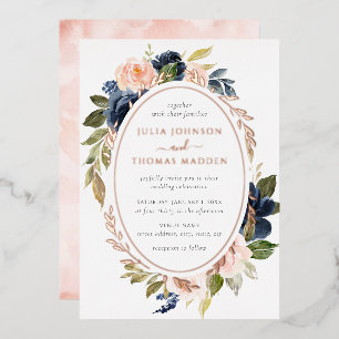 Invitation En Aluminium Rose Gold Aquarelle Fard Bleu Marine Floral Mariag