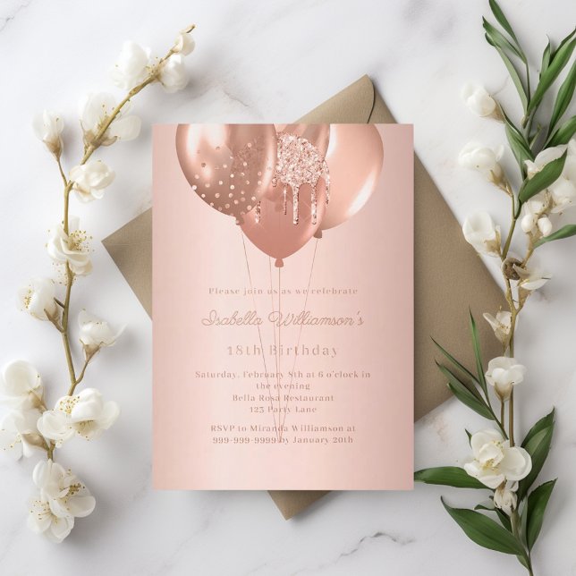 Invitation En Aluminium Rose gold balloons luxury birthday  (Créateur téléchargé)