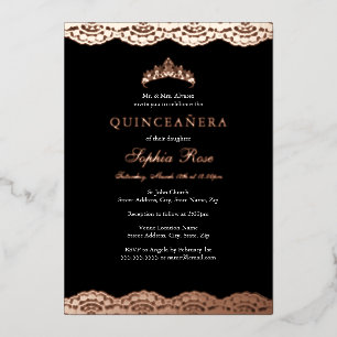 Invitation En Aluminium Rose Gold Black Lace Tiara Quinceanera Foil