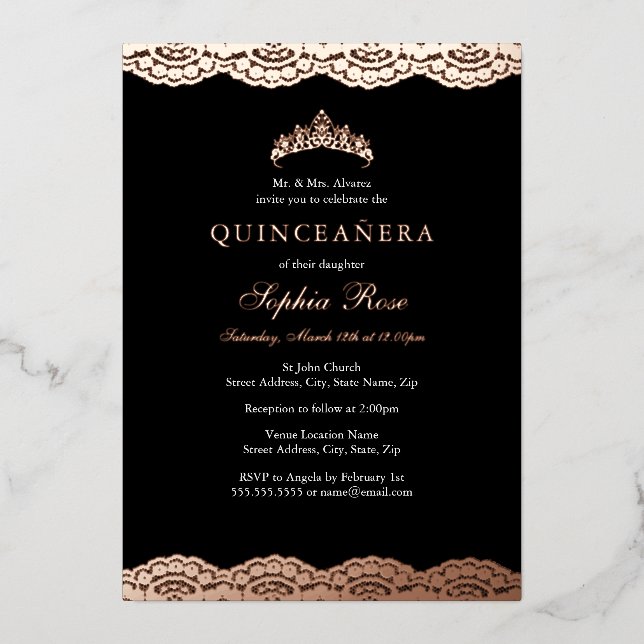 Invitation En Aluminium Rose Gold Black Lace Tiara Quinceanera Foil (Recto)