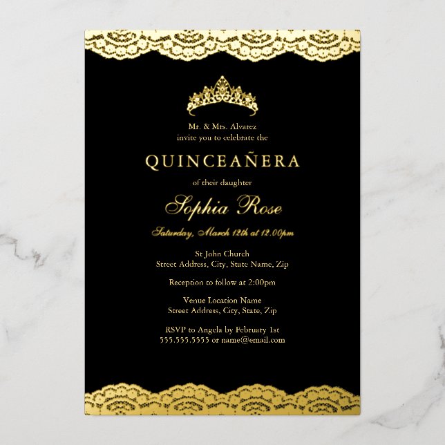 Invitation En Aluminium Rose Gold Black Lace Tiara Quinceanera Foil (Recto)