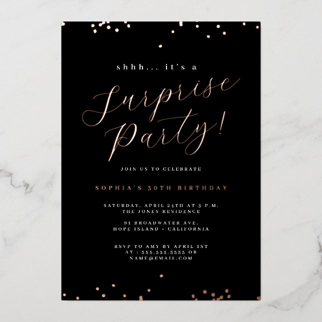 Invitation En Aluminium Rose Gold Black Script Confetti Surprise Party (Recto)