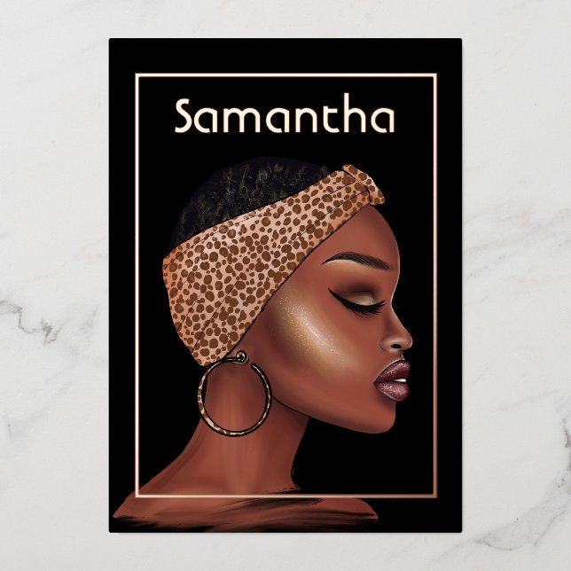 Invitation En Aluminium Rose Gold Black Woman fête d'anniversaire (Recto)