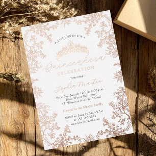 Invitation En Aluminium Rose Gold Blanc Blush Élégant Quinceanera Vintage