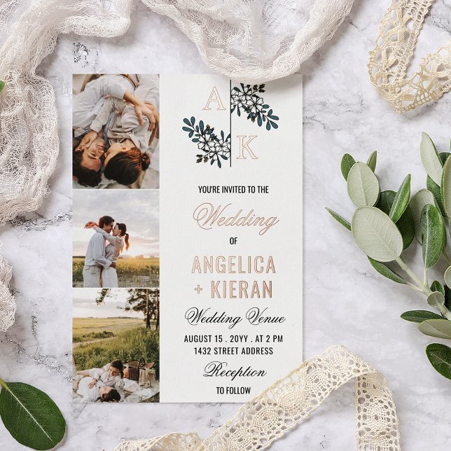 Invitation En Aluminium Rose Gold Blanc Floral Monogrammes Photos Mariage  (Créateur téléchargé)