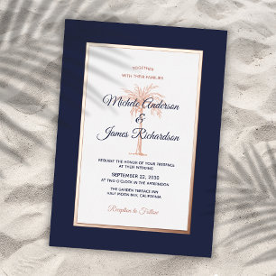 Invitation En Aluminium Rose Gold Bleu Nuit Palmier Mariage Tropical