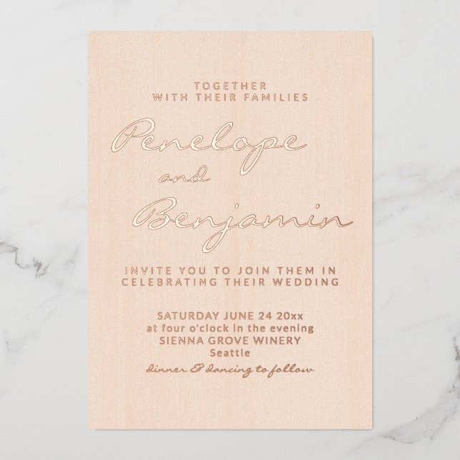 Invitation En Aluminium Rose Gold Blush Écriture Cursive Mariage Élégant (Recto)