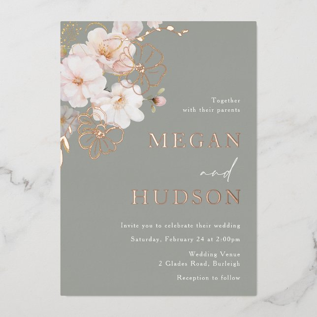 Invitation En Aluminium Rose Gold & Blush Fleur sauvage Mariage Sage Green (Recto)