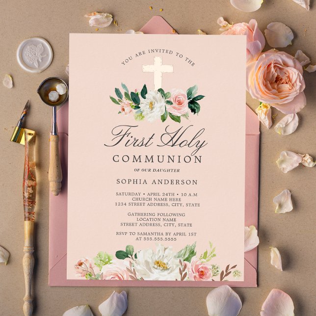Invitation En Aluminium Rose Gold Blush Floral Girls Première Communion (Créateur téléchargé)