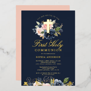 Invitation En Aluminium Rose Gold Blush Navy Fleurs Filles Première Commun