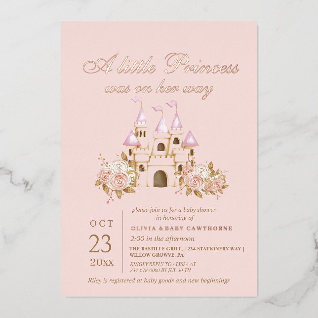 Invitation En Aluminium Rose Gold & Blush Pink Princess Baby shower (Recto)