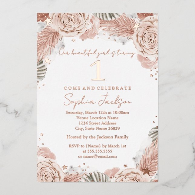 Invitation En Aluminium ROSE GOLD Boho Blush Starfish Plage 1er anniversai (Recto)
