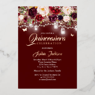 Invitation En Aluminium Rose Gold Bourgogne Fleurs Lumineuses Quinceanera
