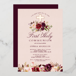 Invitation En Aluminium Rose Gold Burgundy Croix Filles Première Communion