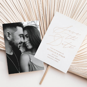Invitation En Aluminium Rose Gold Calligraphy Photo Enregistrer la date