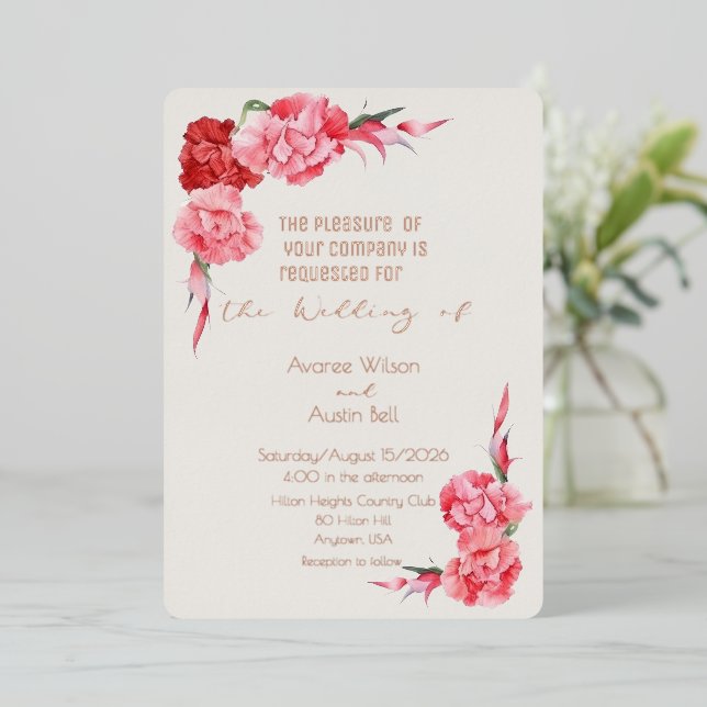 Invitation En Aluminium Rose Gold Cloud Dancer White Pink Carnations (Debout devant)