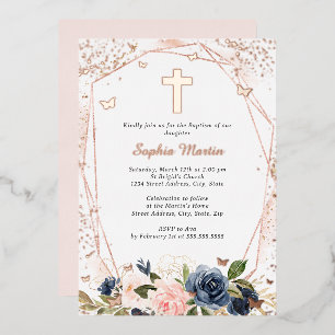 Invitation En Aluminium Rose Gold Croix Florale Fille Baptême Navy Rose